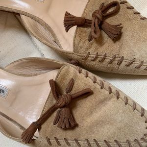 Manolo Blahnik Suede Tassel Slip On Mules
